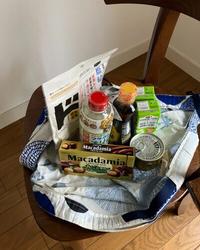 マーナのエコバッグ「シュパット」を広げて、品物を上に置いた様子