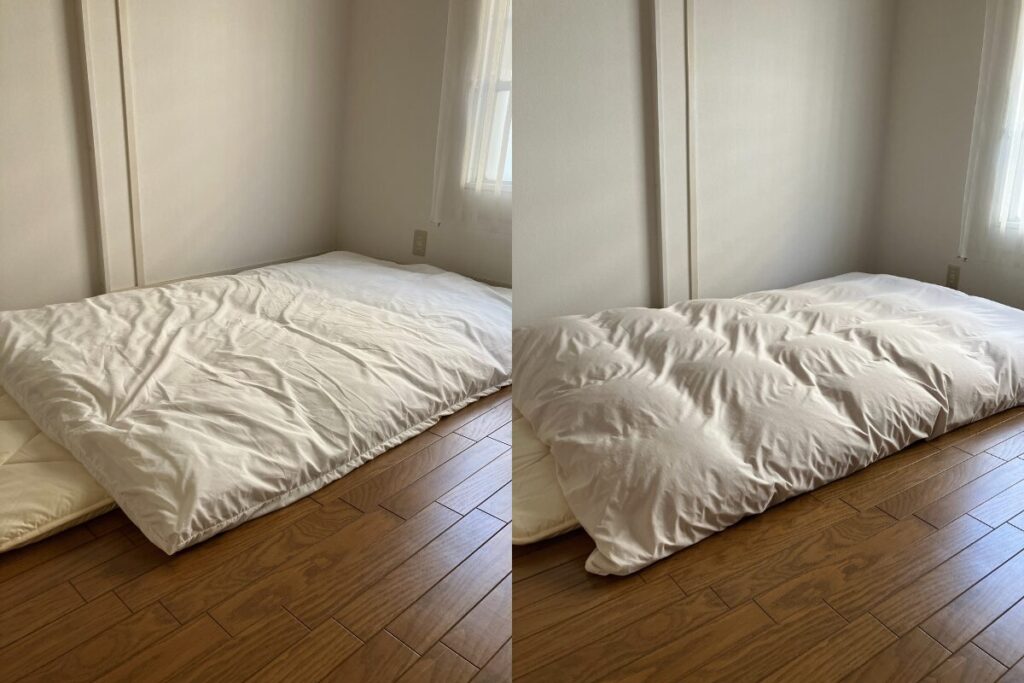 プリマロフト(1100+800+400)と羽毛布団のふくらみを比較した様子