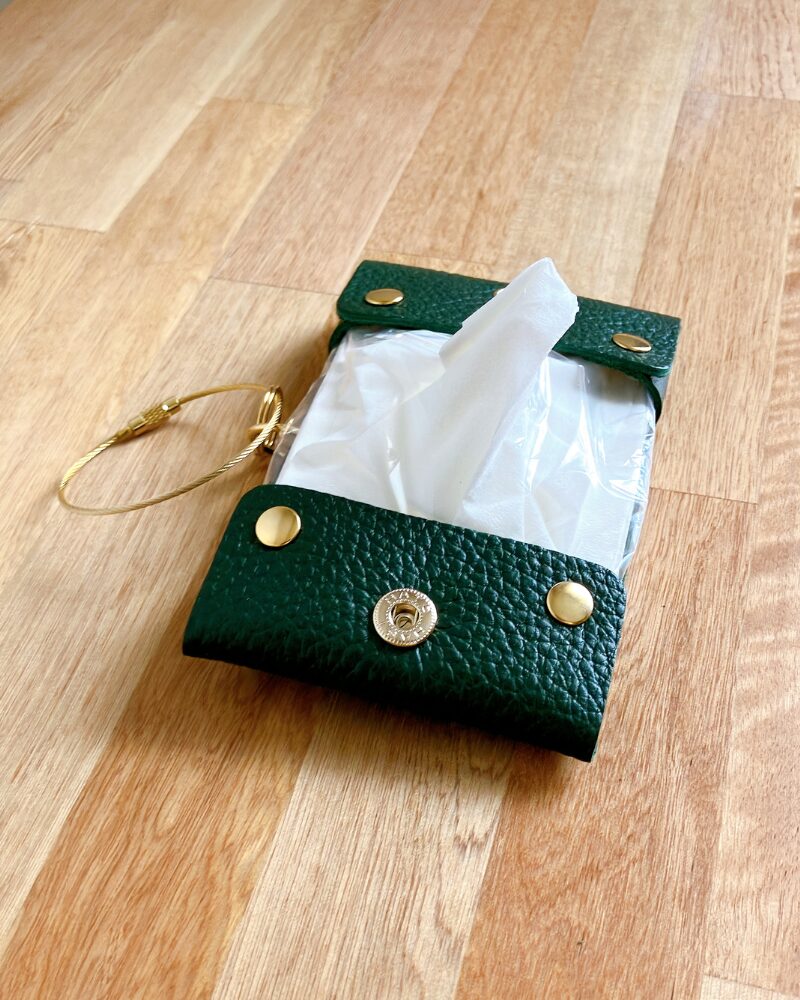 ケースを開き、中にポケットティッシュをセットした使用時の様子